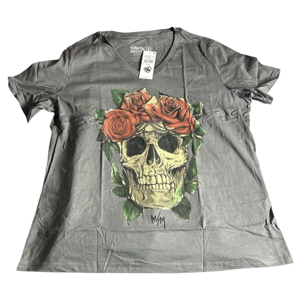 Metal Mulisha Womens V-NECK Top T-Shirt Short Sleeve Tee Gray Size XL